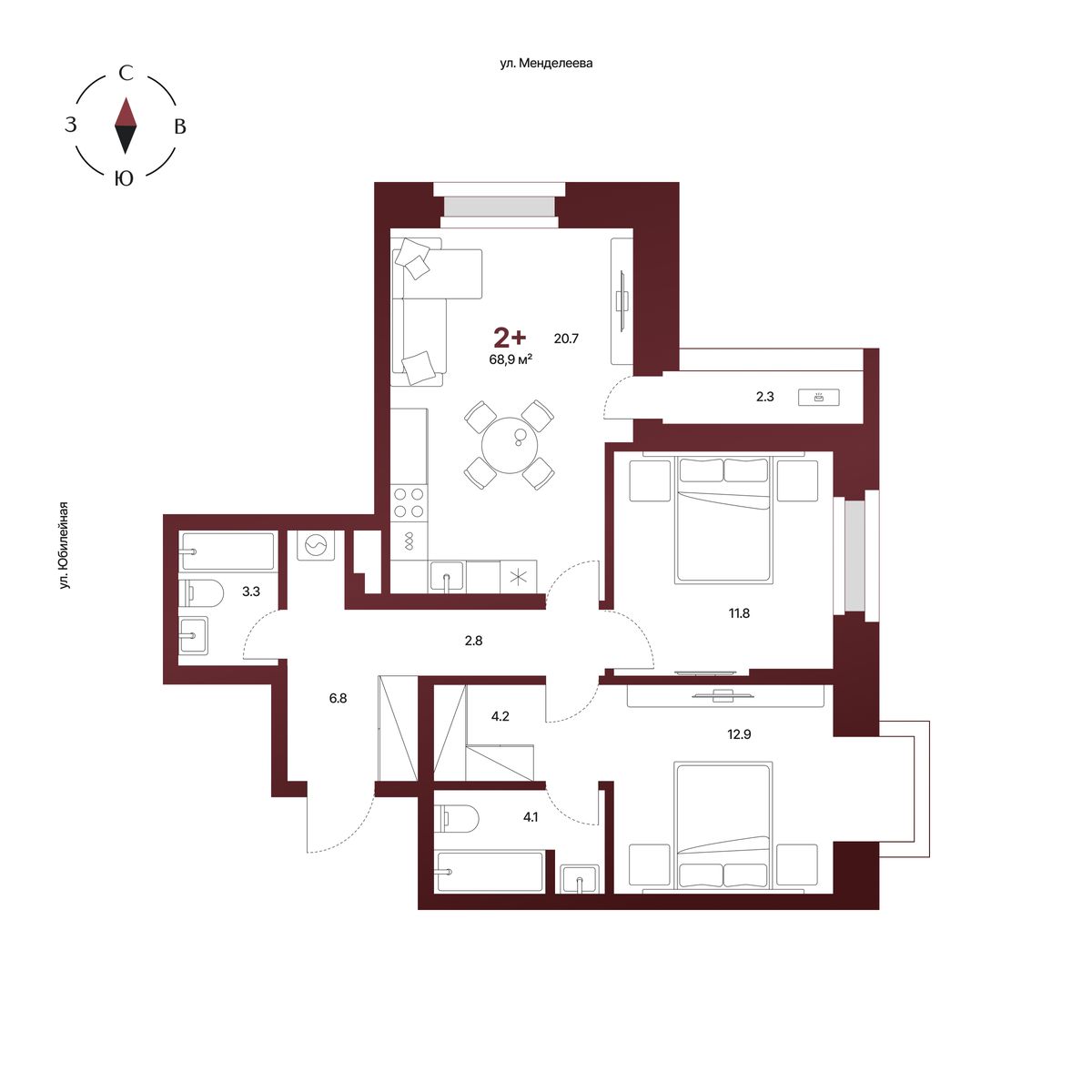 Планировка: 2-комнатная квартира 68,9 м², 4 этаж