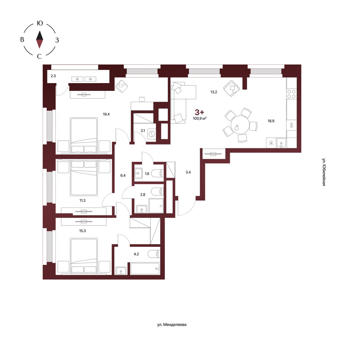 Планировка: 3-комнатная квартира 100,9 м², 13 этаж