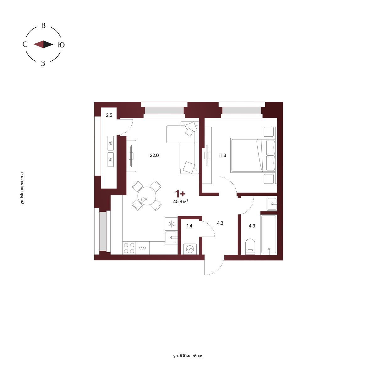 Планировка: 1-комнатная квартира 45,8 м², 13 этаж